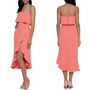 NWT XSCAPE Denisse Strapless Flounce Ruffled High Low Midi Dress in Coral Sz. 4